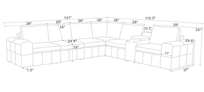 Large Arm Olive Green Leather Sectional - 6 Seat