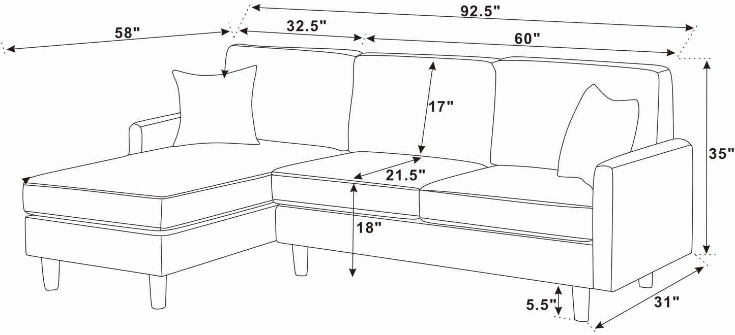 Light Gray 3 Seat Corduroy Sectional Sofa