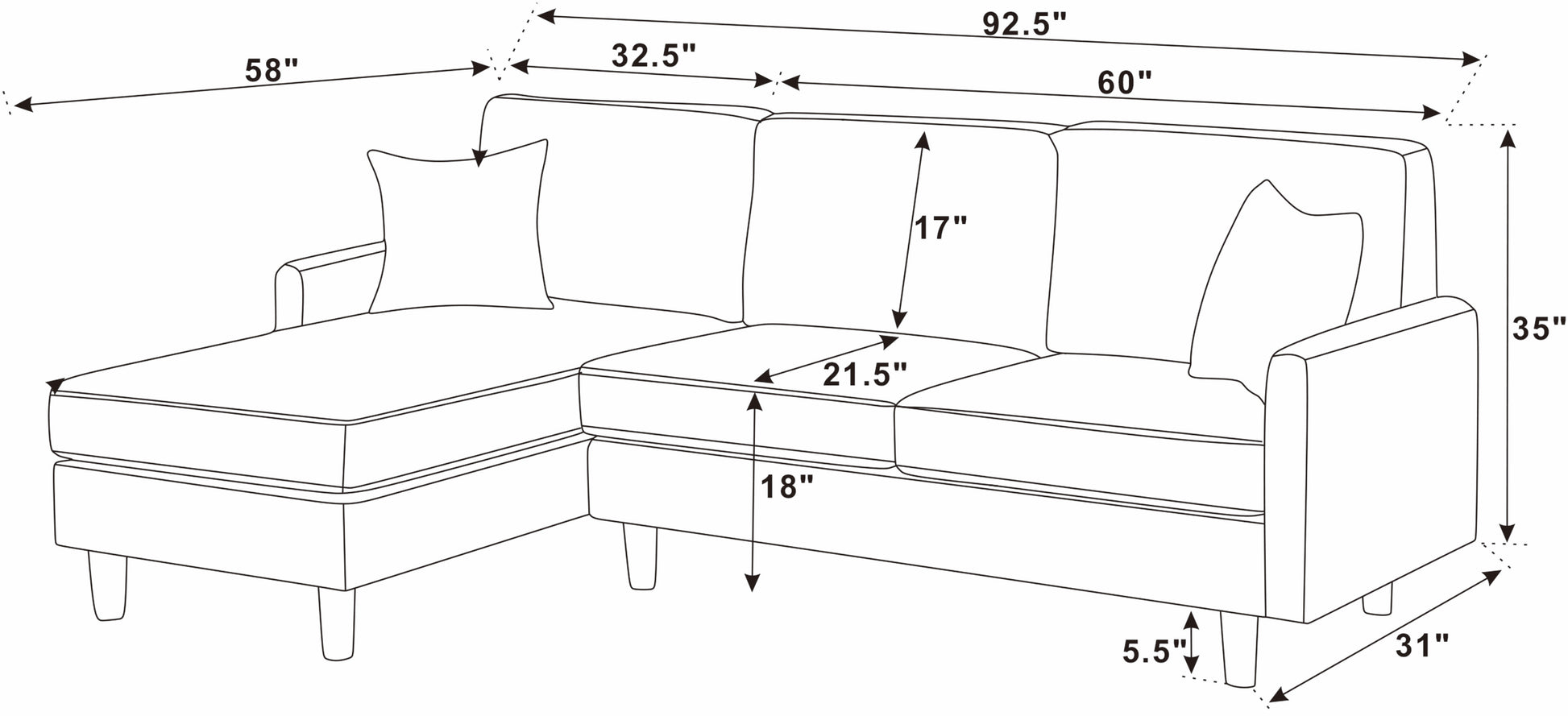 Light Gray 3 Seat Corduroy Sectional Sofa
