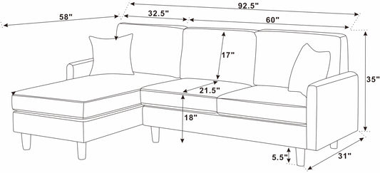 Light Gray 3 Seat Corduroy Sectional Sofa