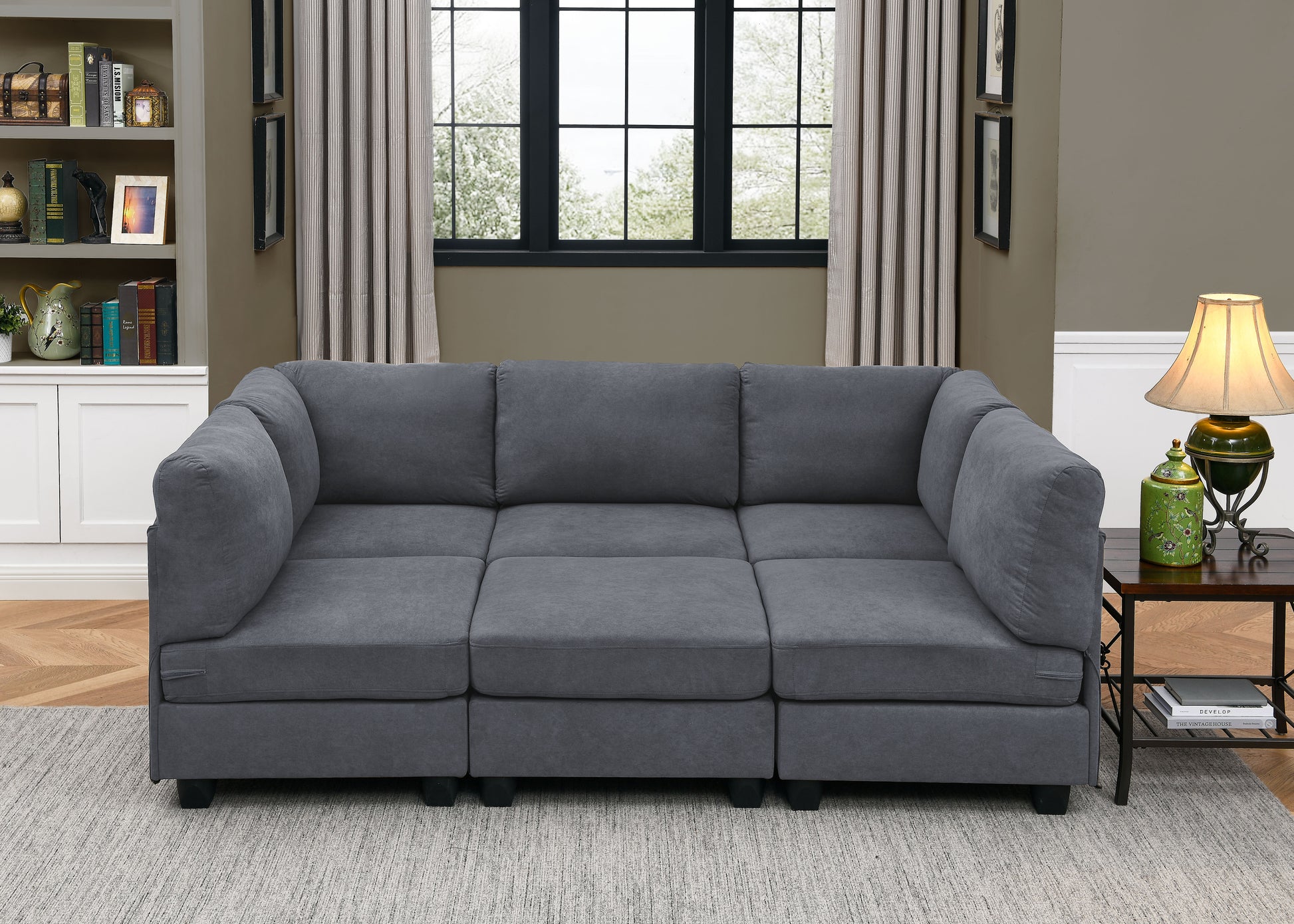 Dark Gray 6 Seat Polyester Sectional Sofa - Modular Design for Living Room