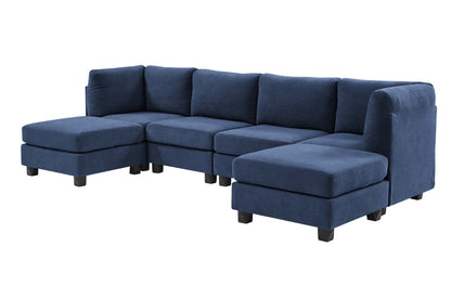 Dark Blue Polyester Modular Sectional - 6 Seat