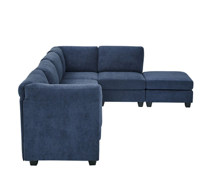 6 Seat Dark Blue Polyester Sectional Sofa - 120" Wide