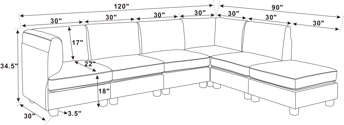 6 Seat Dark Blue Polyester Sectional Sofa - 120" Wide