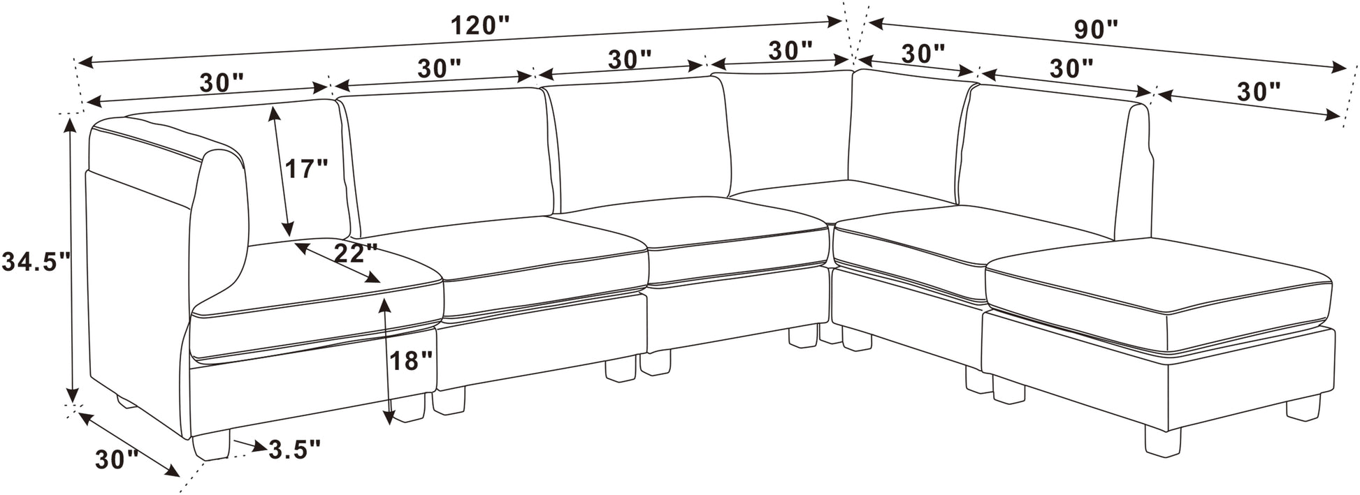 6 Seat Dark Blue Polyester Sectional Sofa - 120" Wide
