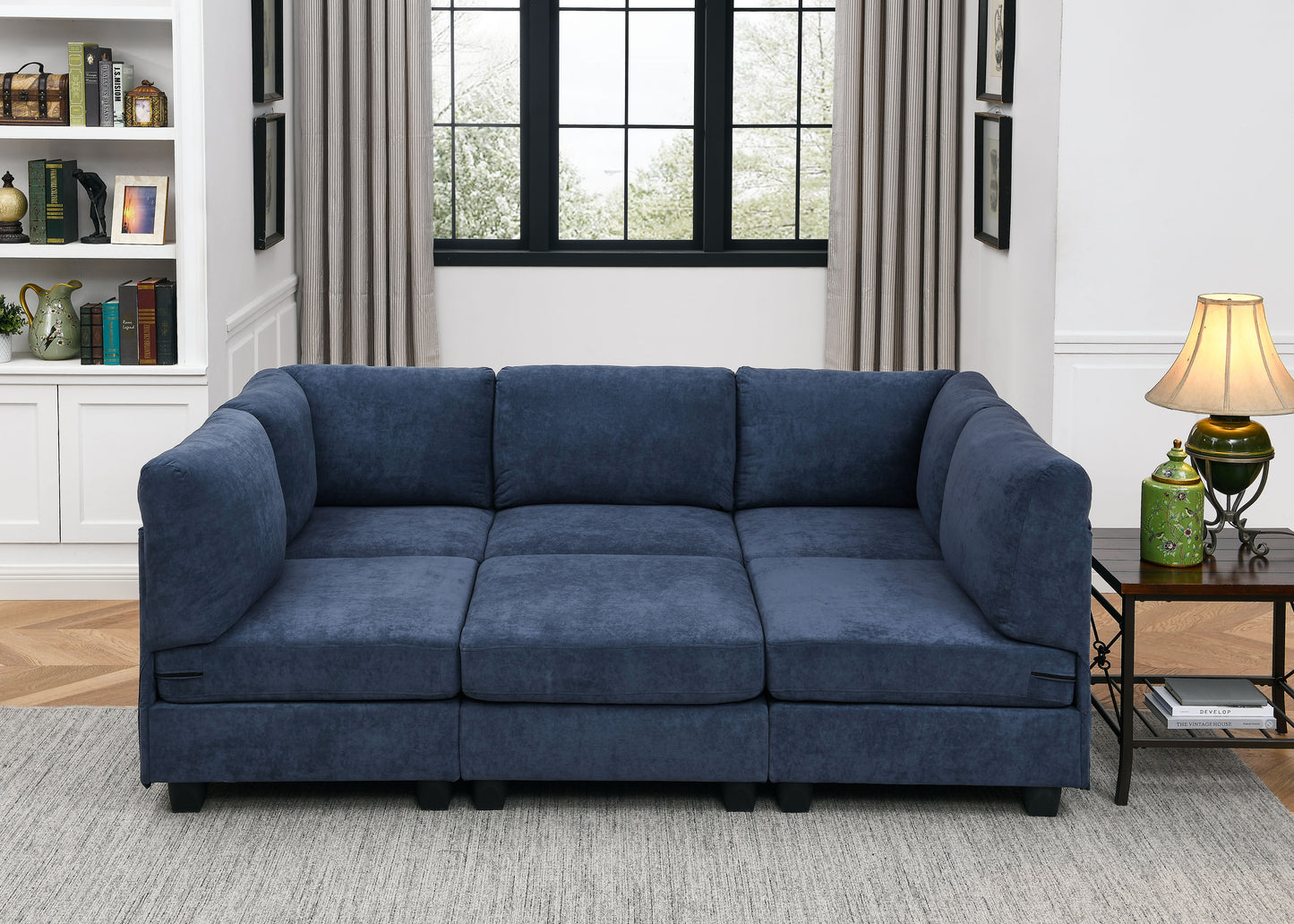 6 Seat Dark Blue Polyester Sectional Sofa - 120" Wide