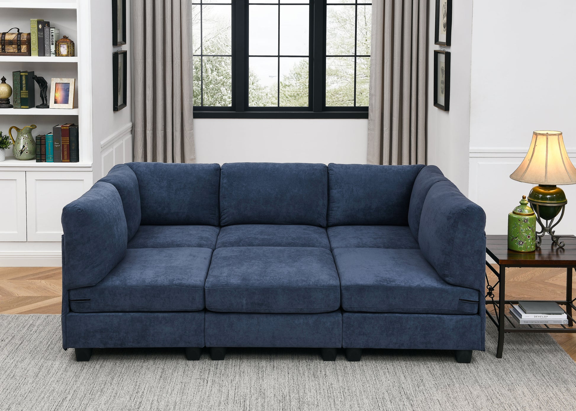 6 Seat Dark Blue Polyester Sectional Sofa - 120" Wide