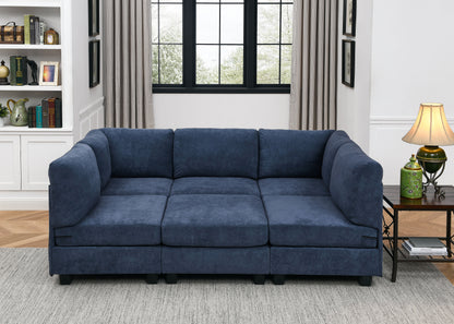 6 Seat Dark Blue Polyester Sectional Sofa - 120" Wide