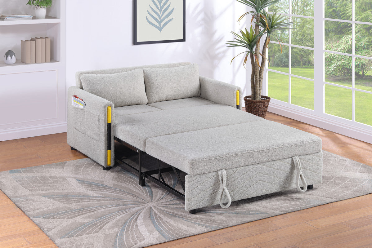 Perseo 55.5"W Beige Teddy Velvet Sleeper Loveseat with Dual-Pull Sleeper Design