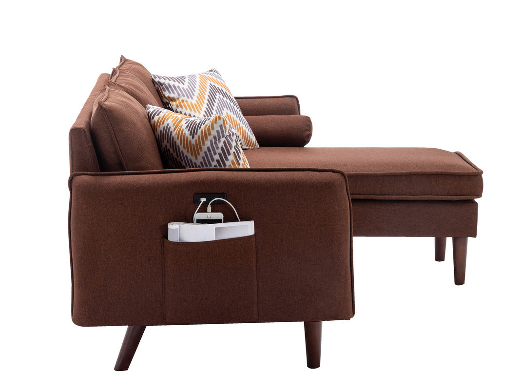 Mirella 70"W Brown Linen Sectional Sofa - USB & Pillows