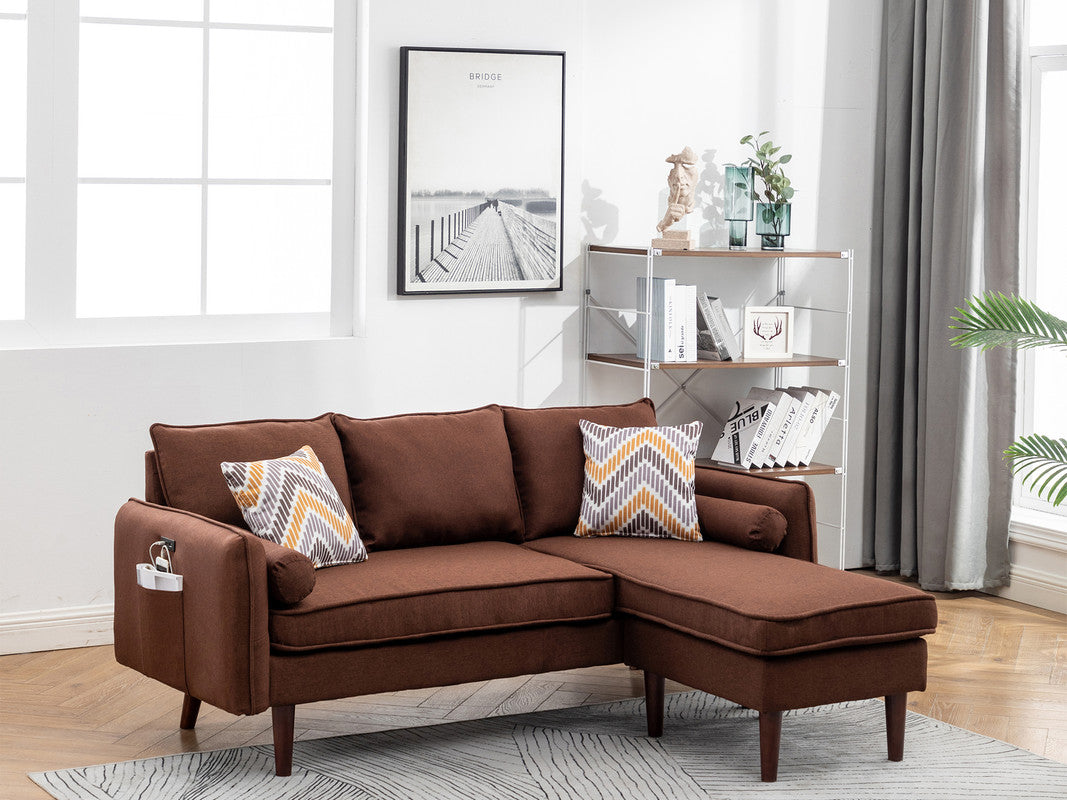 Mirella 70"W Brown Linen Sectional Sofa - USB & Pillows