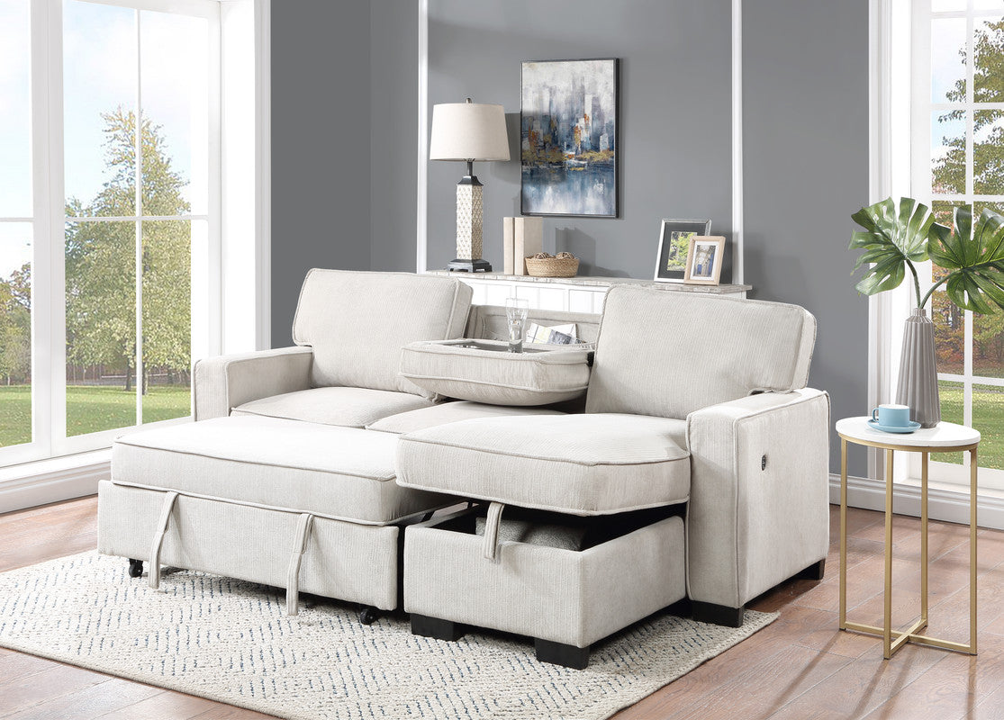 Ella 86.5"W Beige Fabric Reversible Sleeper Sectional with Storage Chaise Drop-Down Table 2 Cup Holders and 2USB Ports
