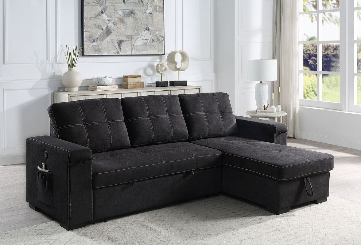Ollie 95"W Black Woven Fabric Reversible Sleeper Sectional Sofa with Storage Chaise Cup Holder Charging Ports and Pockets