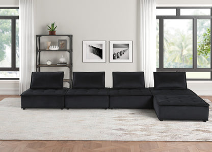 Black Velvet 5 Seat Sectional Sofa - 120" Wide