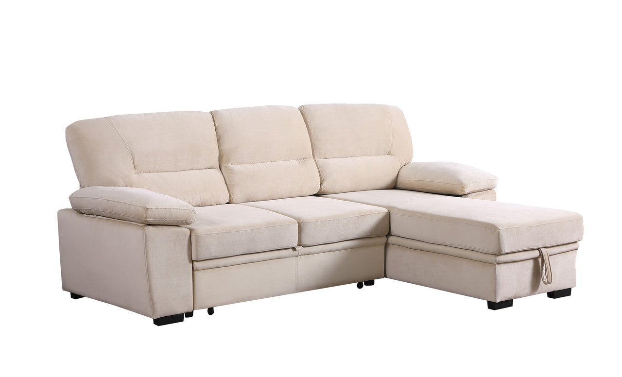 3 Seat Beige Velvet Reversible Sleeper Sectional Sofa for Living Room