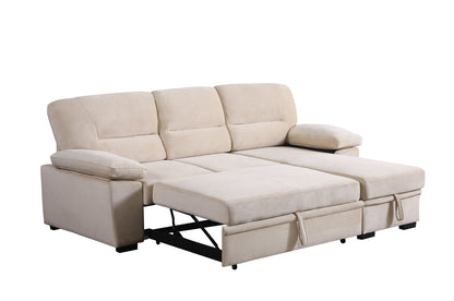 3 Seat Beige Velvet Reversible Sleeper Sectional Sofa for Living Room