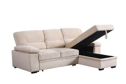 3 Seat Beige Velvet Reversible Sleeper Sectional Sofa for Living Room