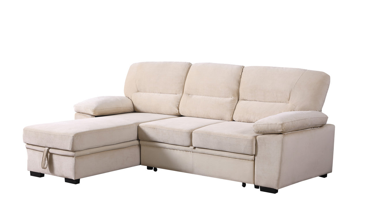 3 Seat Beige Velvet Reversible Sleeper Sectional Sofa for Living Room
