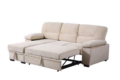 3 Seat Beige Velvet Reversible Sleeper Sectional Sofa for Living Room