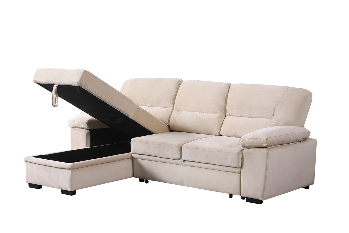 3 Seat Beige Velvet Reversible Sleeper Sectional Sofa for Living Room
