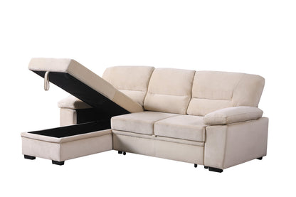 3 Seat Beige Velvet Reversible Sleeper Sectional Sofa for Living Room