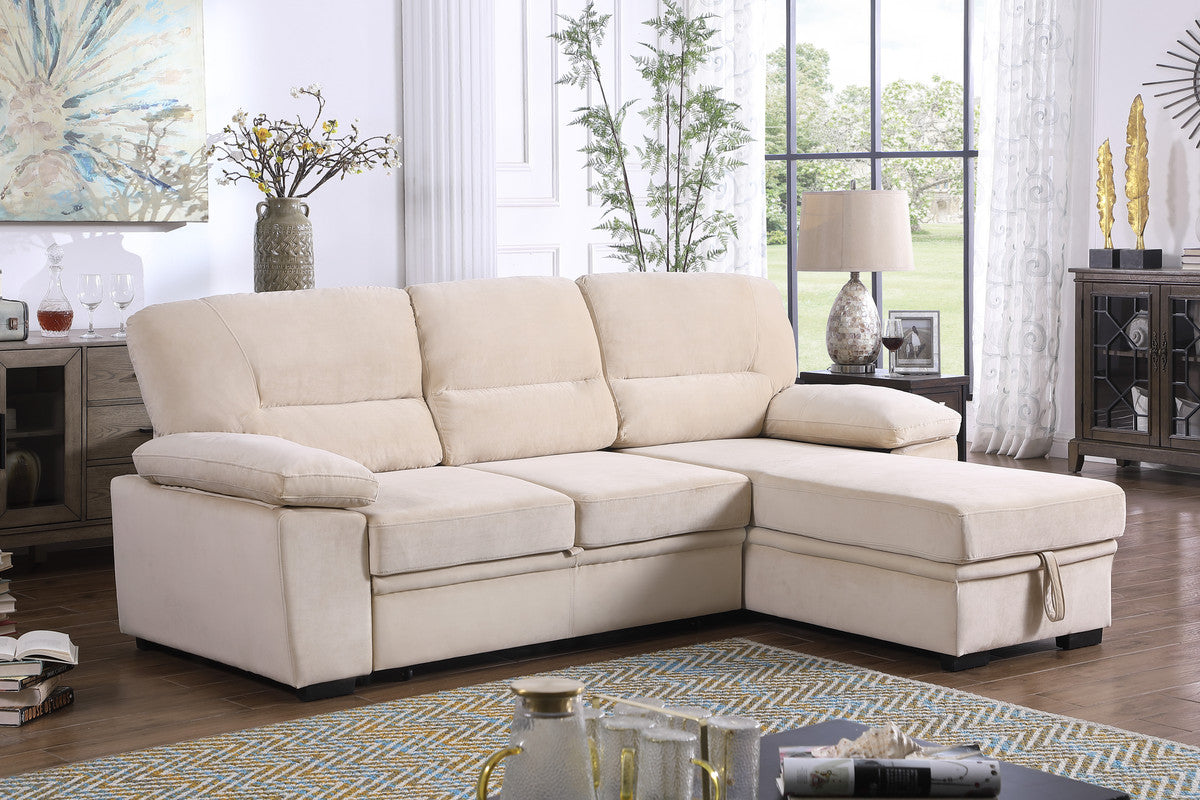 3 Seat Beige Velvet Reversible Sleeper Sectional Sofa for Living Room