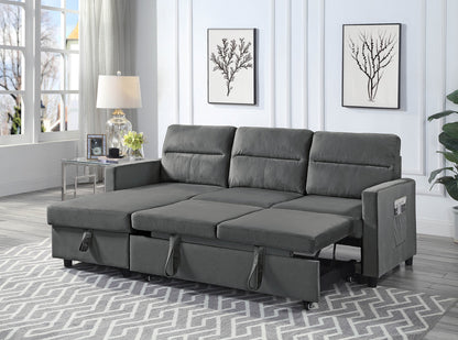 Iride 81.5"W Dark Gray Velvet Reversible Sleeper Sectional Sofa with Storage Chaise and Side Pocket