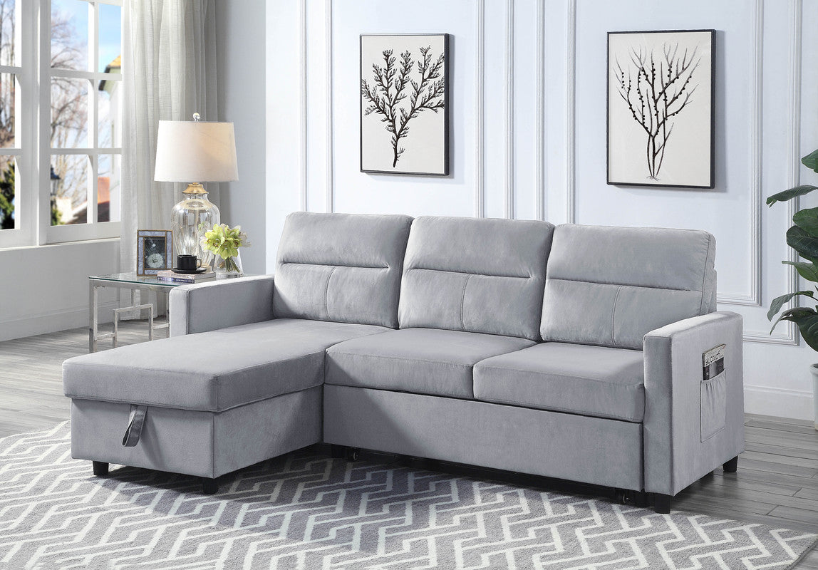 Light Gray Velvet Sleeper Sectional Sofa - 3 Seats for Living Room