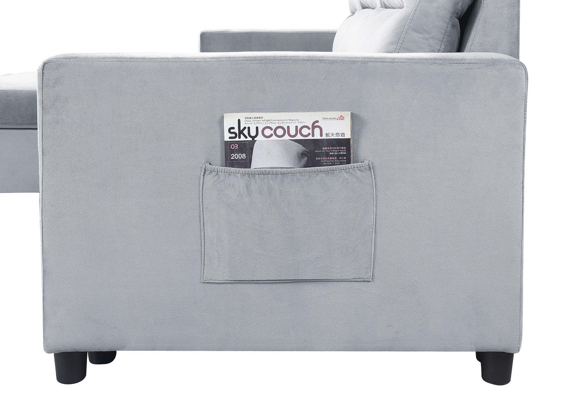 Light Gray Velvet Sleeper Sectional Sofa - 3 Seats for Living Room