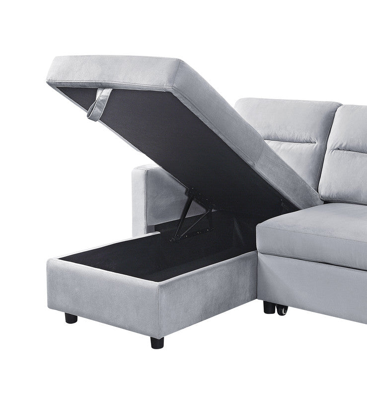 Light Gray Velvet Sleeper Sectional Sofa - 3 Seats for Living Room