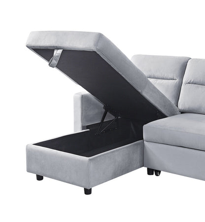 Light Gray Velvet Sleeper Sectional Sofa - 3 Seats for Living Room