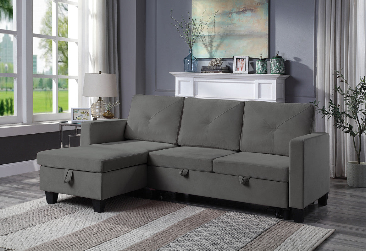 Novella 82.5"W Dark Gray Velvet Reversible Sleeper Sectional Sofa with Storage Chaise