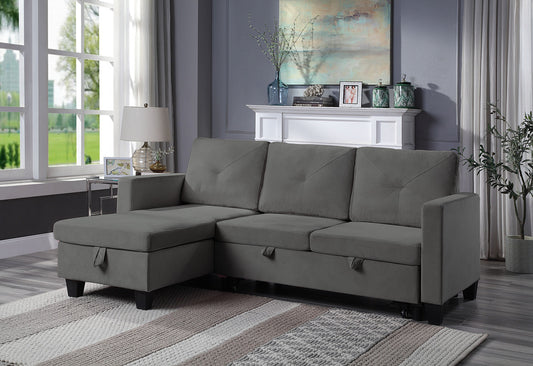 Novella 82.5"W Dark Gray Velvet Reversible Sleeper Sectional Sofa with Storage Chaise