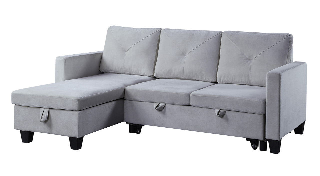 Light Gray Velvet Sleeper Sectional Sofa - 3 Seats for Living Room