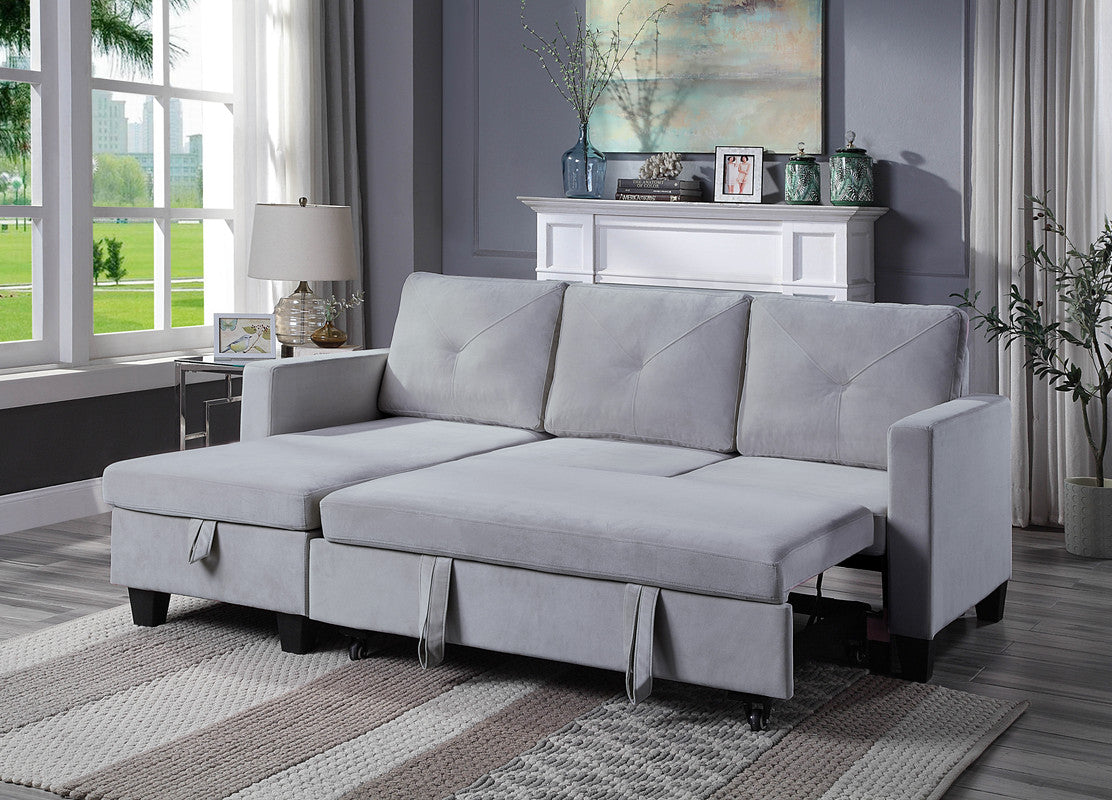 Light Gray Velvet Sleeper Sectional Sofa - 3 Seats for Living Room