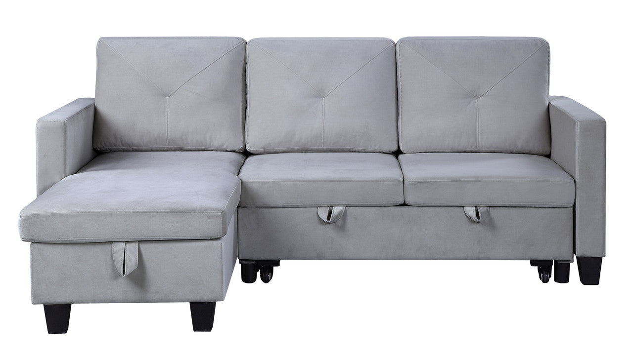 Light Gray Velvet Sleeper Sectional Sofa - 3 Seats for Living Room