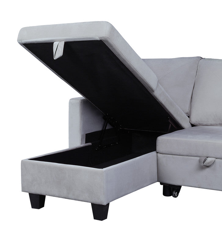 Light Gray Velvet Sleeper Sectional Sofa - 3 Seats for Living Room