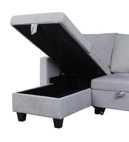 Light Gray Velvet Sleeper Sectional Sofa - 3 Seats for Living Room