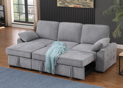 Light Gray Chenille Sleeper Sectional - 3 Seats Storage Chaise