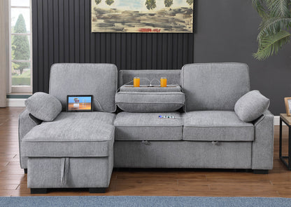 Light Gray Chenille Sleeper Sectional - 3 Seats Storage Chaise