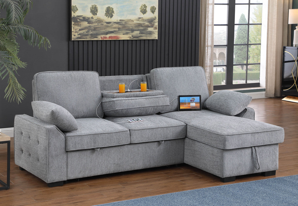 Light Gray Chenille Sleeper Sectional - 3 Seats Storage Chaise