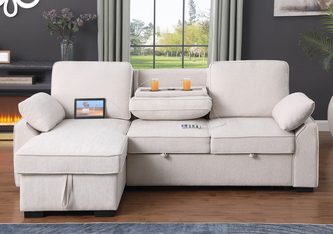 3 Seat Beige Chenille Sectional Sofa with Sleeper