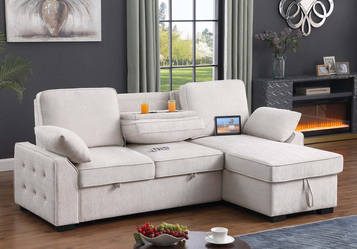 3 Seat Beige Chenille Sectional Sofa with Sleeper