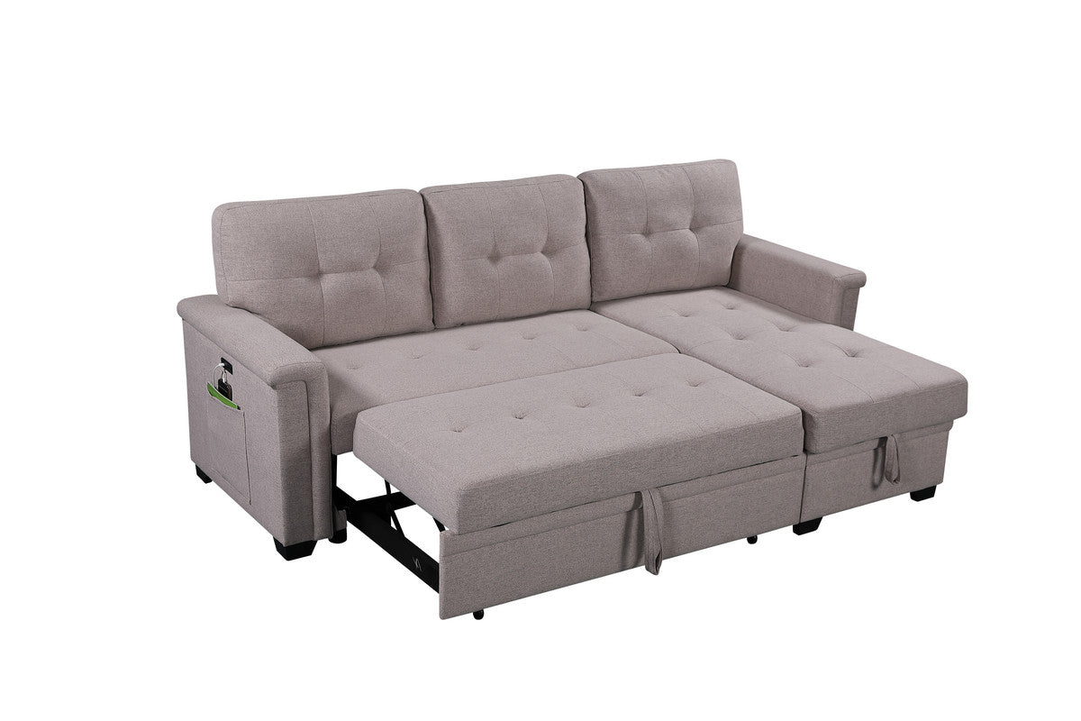 Aurora 84"W Light Gray Reversible Sleeper Sectional Sofa with Storage Chaise, USB Charging Ports and Pocket