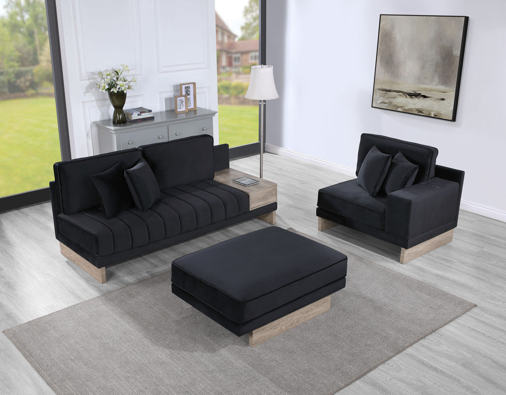 Black Velvet Sectional Sofa with Storage & USB Ports