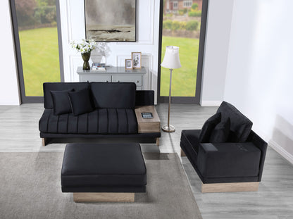 Black Velvet Sectional Sofa with Storage & USB Ports