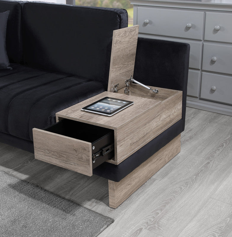 Black Velvet Sectional Sofa with Storage & USB Ports