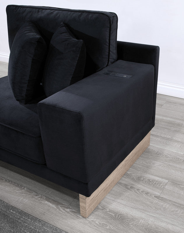 Black Velvet Sectional Sofa with Storage & USB Ports