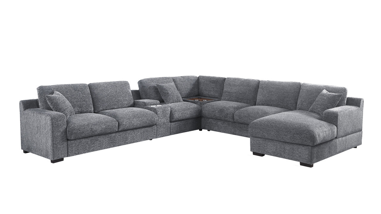 Light Gray Chenille Sectional Sofa - 6 Seat with Charging Ports