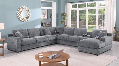 Light Gray Chenille Sectional Sofa - 6 Seat with Charging Ports